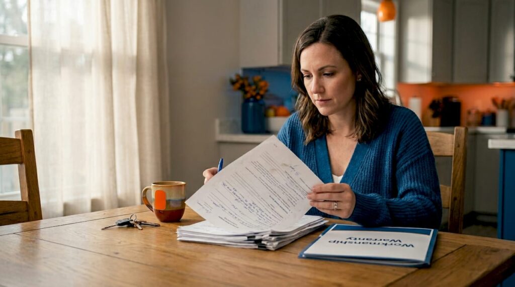 Homeowner reading contractor warranty documents at table