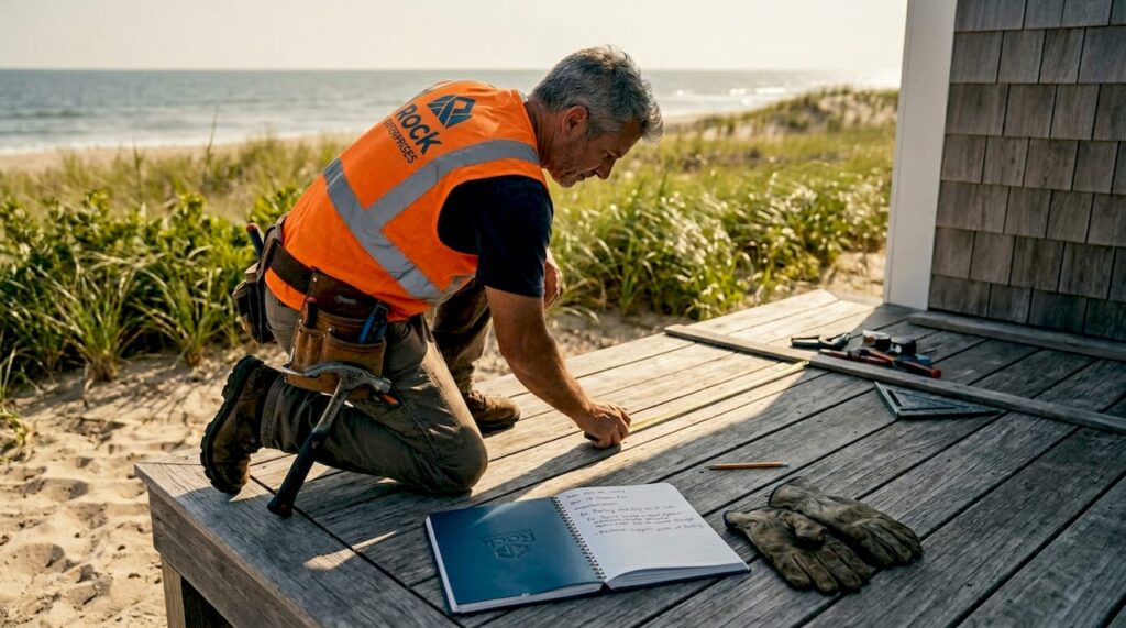 Contractor inspecting weathered deck near Jersey shore
