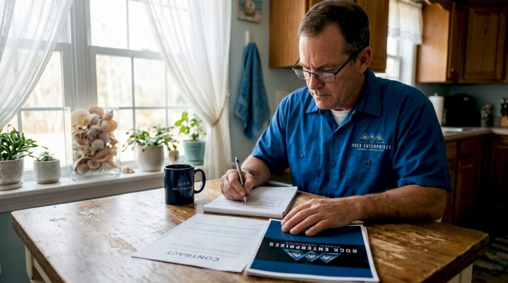 Contractor reviewing licensing documents in home office