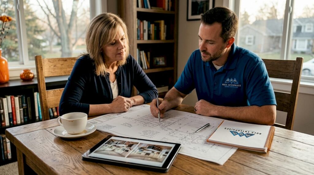 Homeowner reviewing remodeling plans with contractor