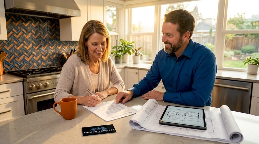 Homeowner signing renovation contract with contractor