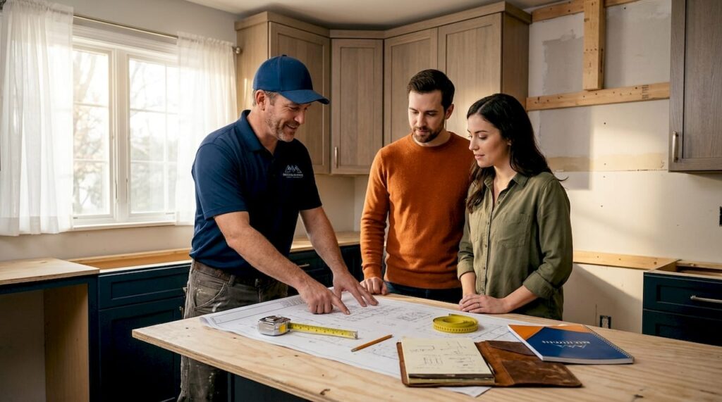 Homeowners and contractor reviewing renovation plans