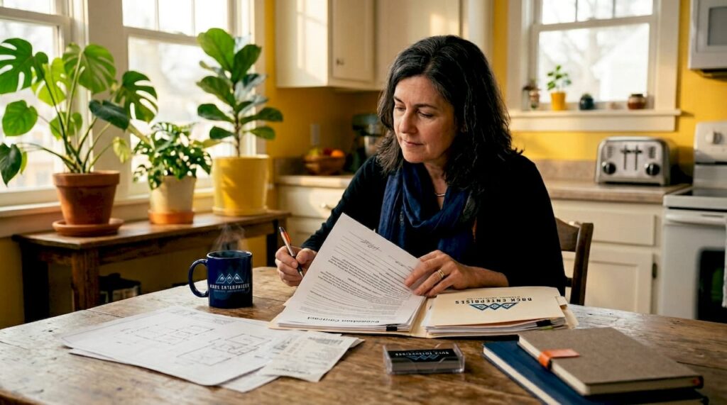 Homeowner reviewing renovation contract at kitchen table