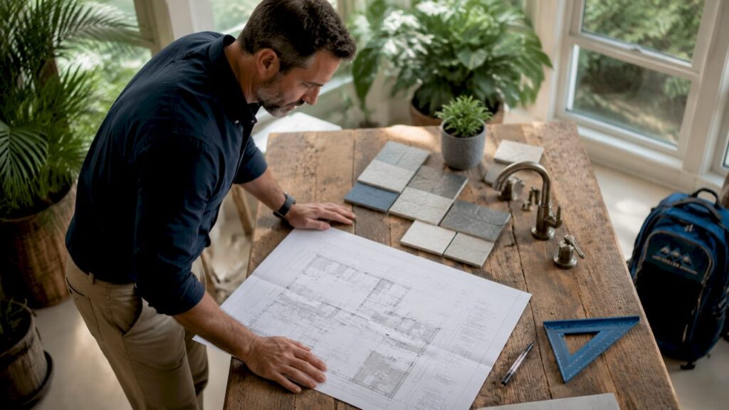 Contractor reviewing coastal bathroom renovation plans
