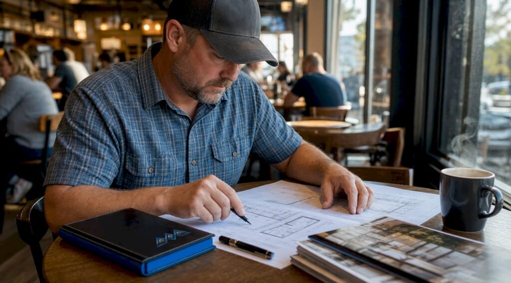 Contractor reviewing remodeling blueprints in office