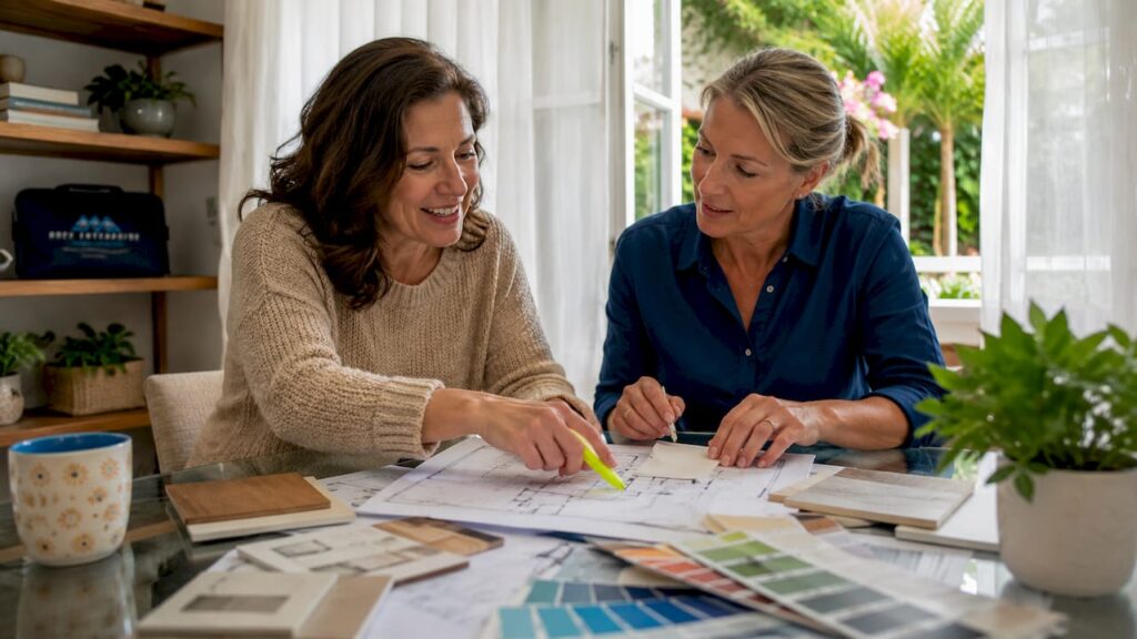 Homeowner consulting project manager on renovation plans