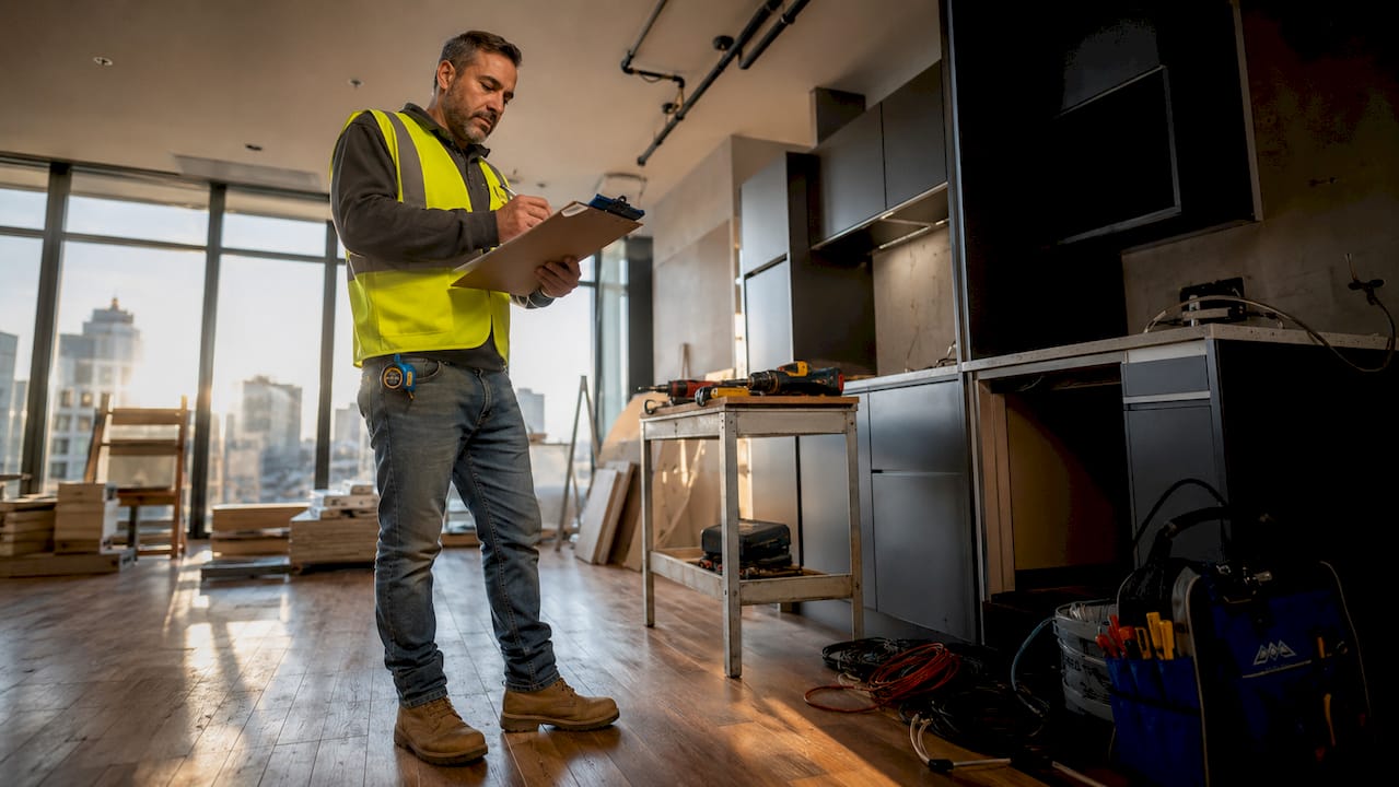 Subcontractor inspecting kitchen renovation site