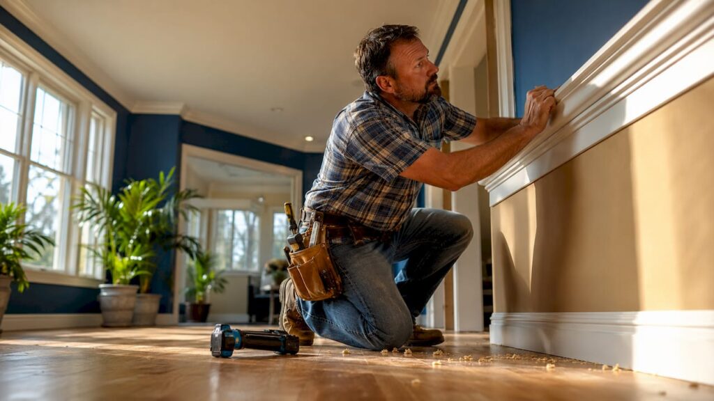 Carpenter installing crown molding in room
