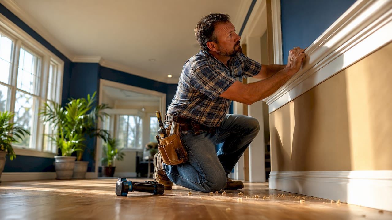 Carpenter installing crown molding in room