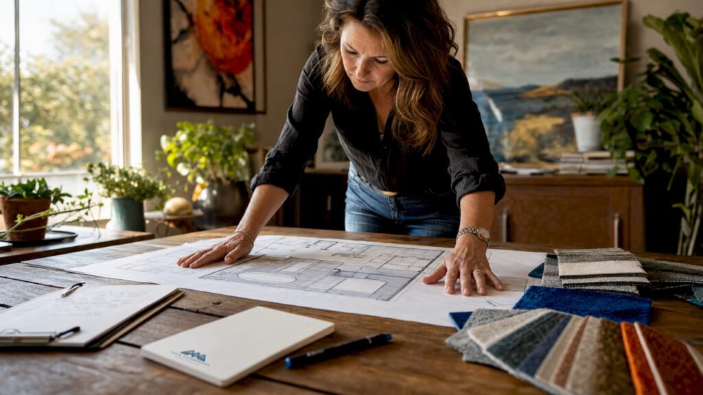 Woman reviewing bathroom remodel plan at dining table