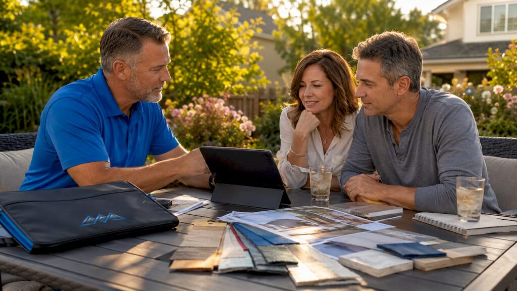 Homeowners consulting contractor about renovation plans