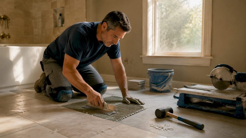 Professional applying mortar on bathroom floor tiles