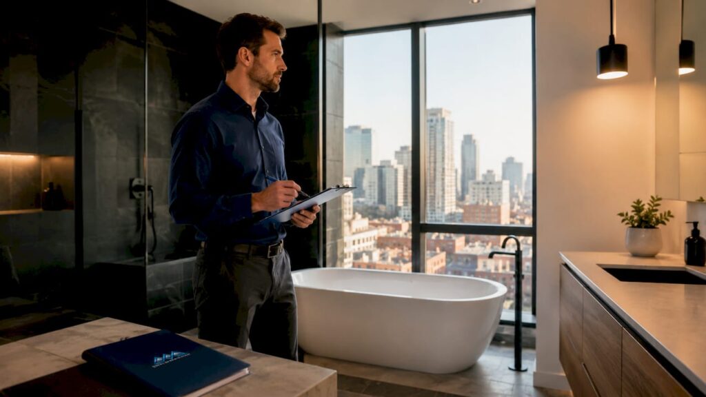 Real estate agent inspecting renovated bathroom