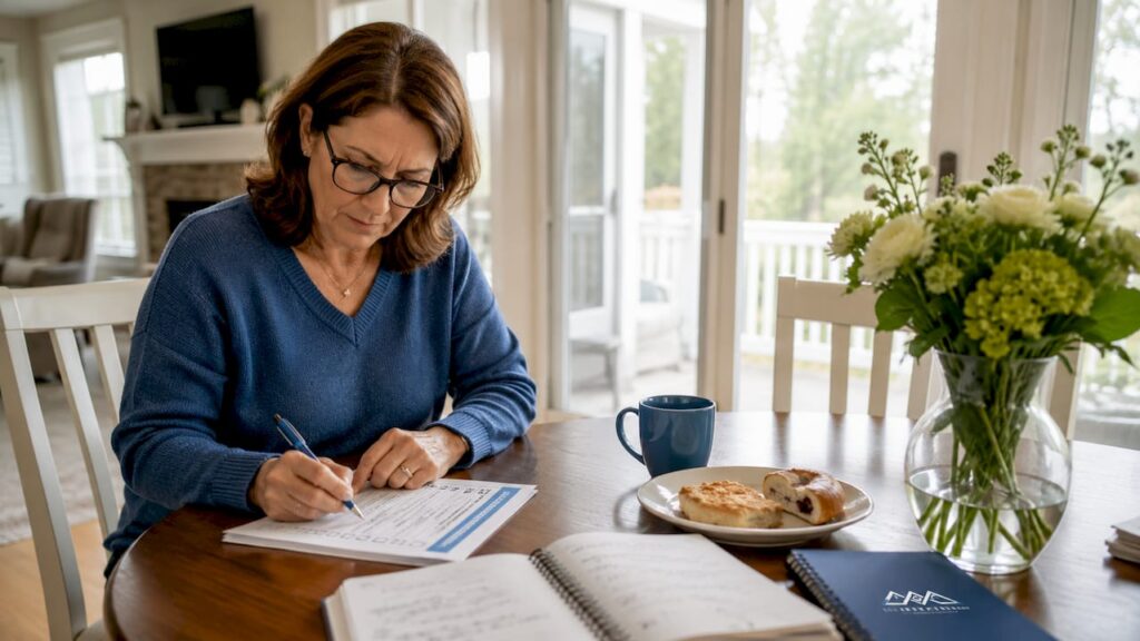 Homeowner reviewing contractor checklist at kitchen table