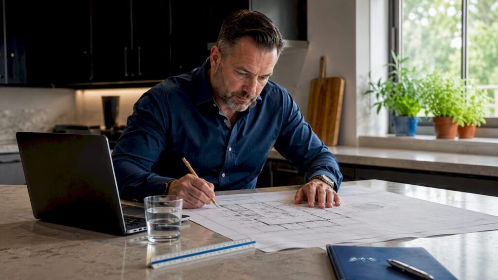 General contractor reviewing residential blueprints