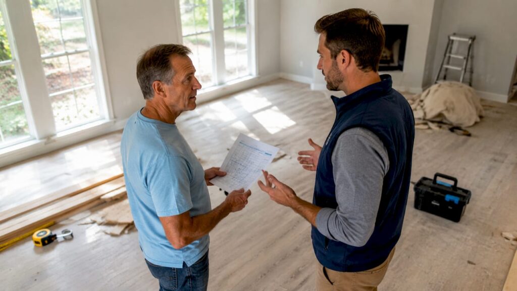Homeowner and contractor planning bathroom renovation