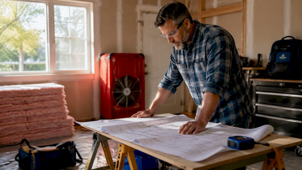 Contractor reviewing home renovation plans in living room
