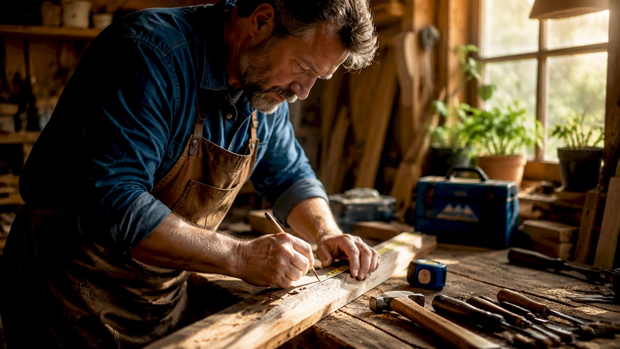 Carpenter measuring wood in home workshop