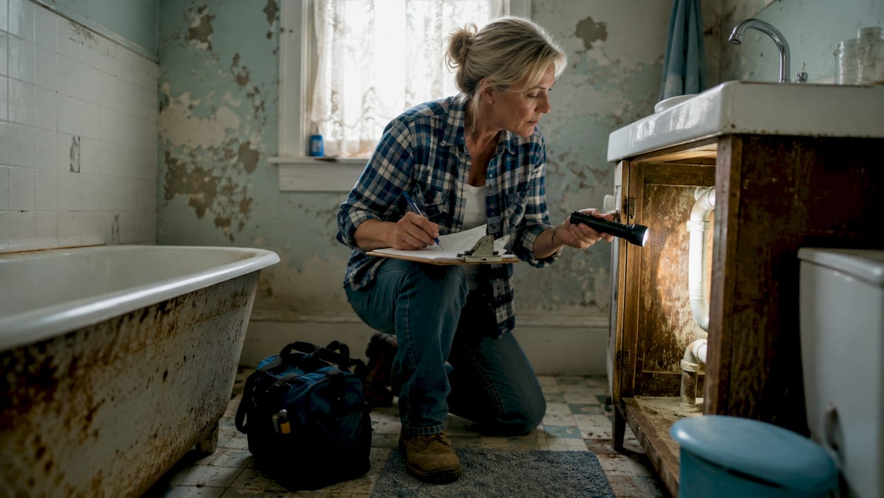 Contractor inspecting bathroom floor near toilet
