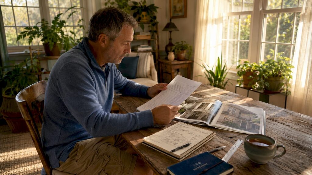 Homeowner reviewing historic remodel checklist