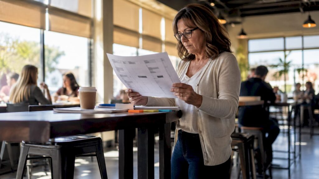 Homeowner reviewing printed renovation timeline at kitchen table