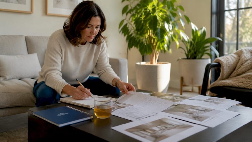Woman planning bathroom renovation at kitchen table