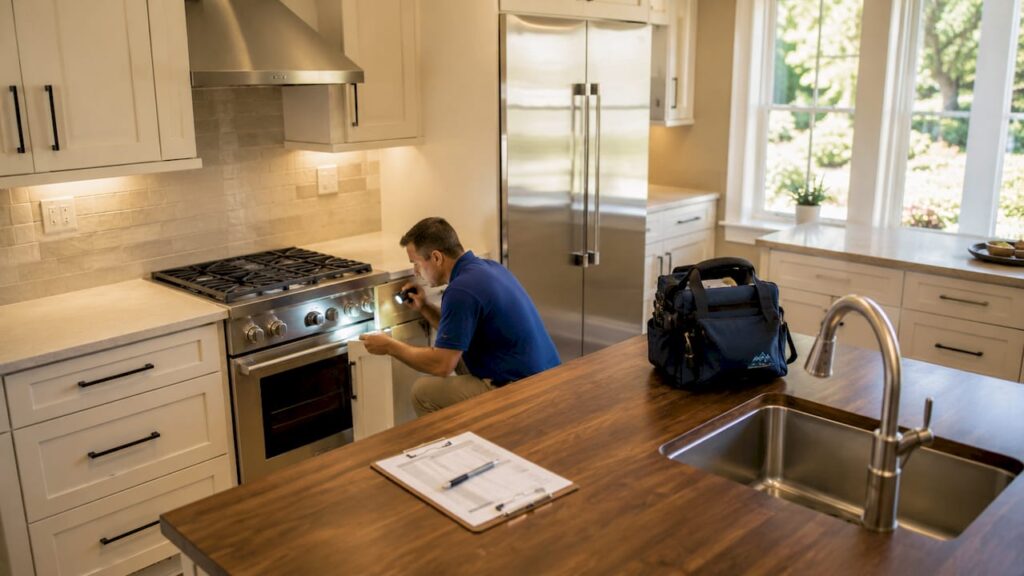 Homeowner inspecting renovated kitchen cabinets