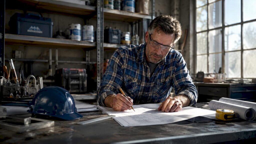 Contractor reviewing remodeling permit documents at desk