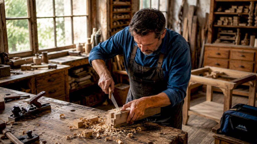 Carpenter hand-cutting a mortise-and-tenon joint in workshop