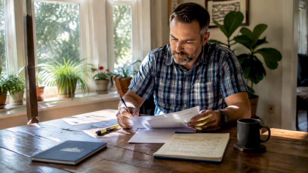 Homeowner reviewing renovation contract papers