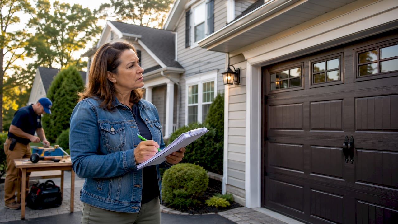 Woman inspecting new garage door exterior