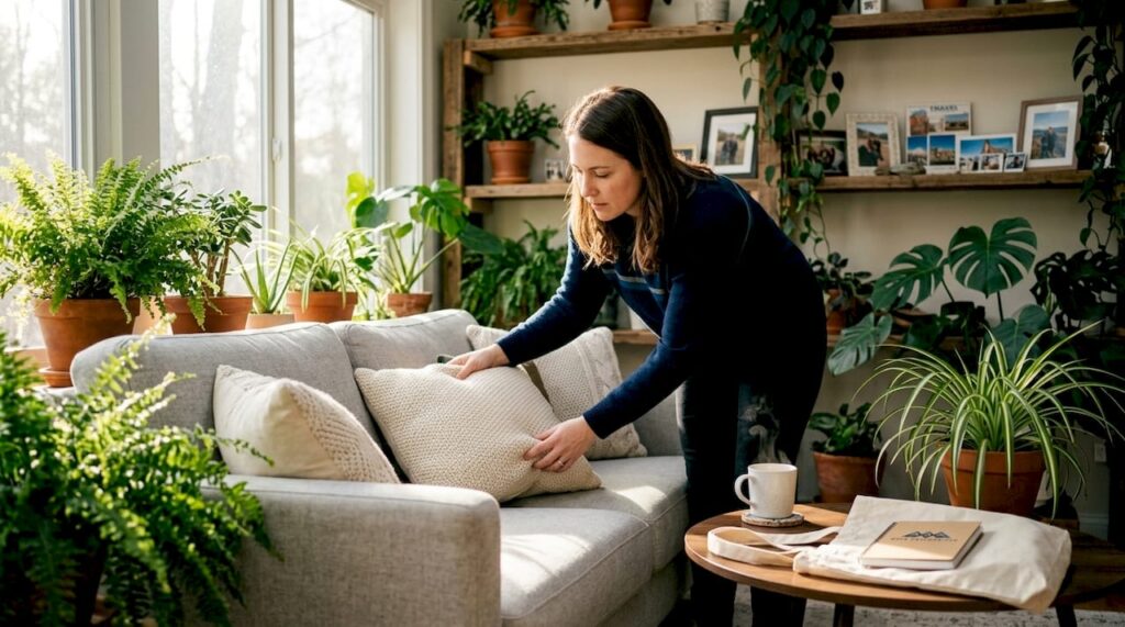 Woman arranging pillows in living room