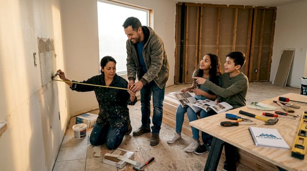 Family collaborating on home kitchen renovation