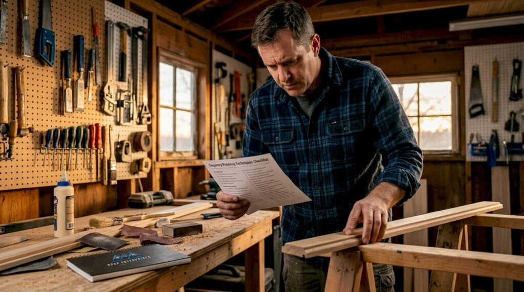 DIY carpenter reviewing finishing checklist in workshop