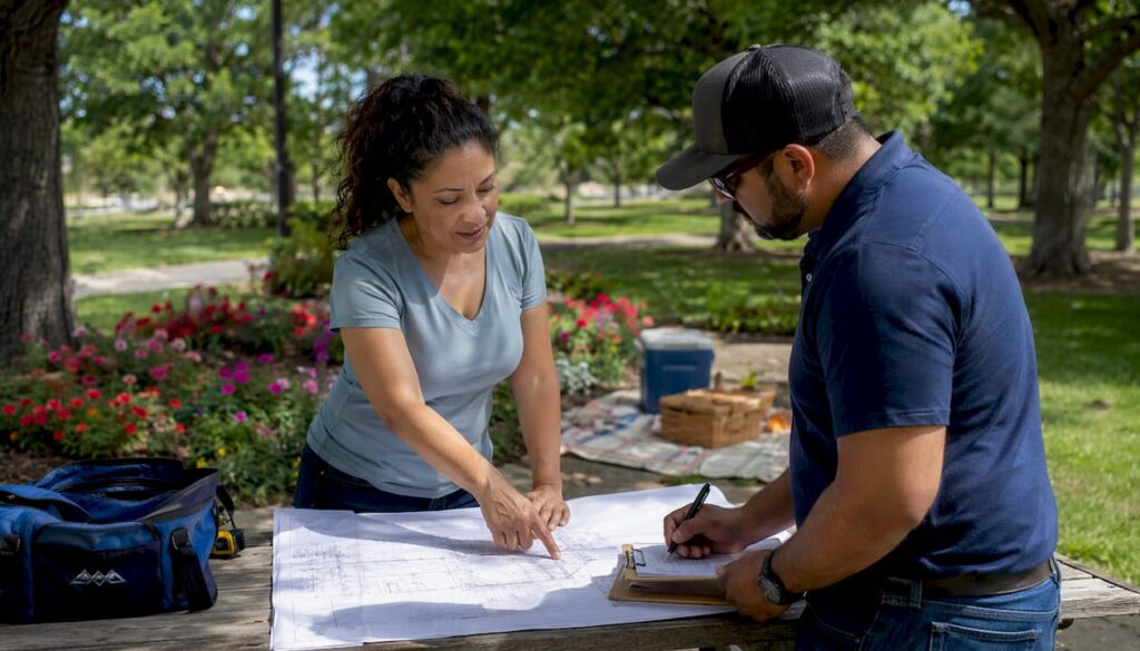 Homeowner discussing renovation plans with contractor