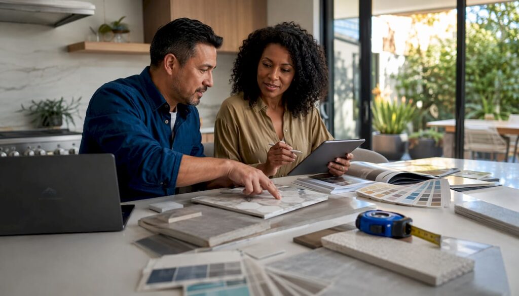 Homeowners consulting on tile samples and installation