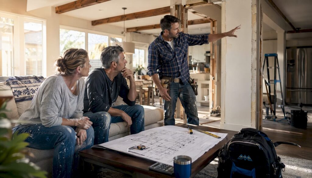 Couple reviewing open-concept remodeling plan indoors