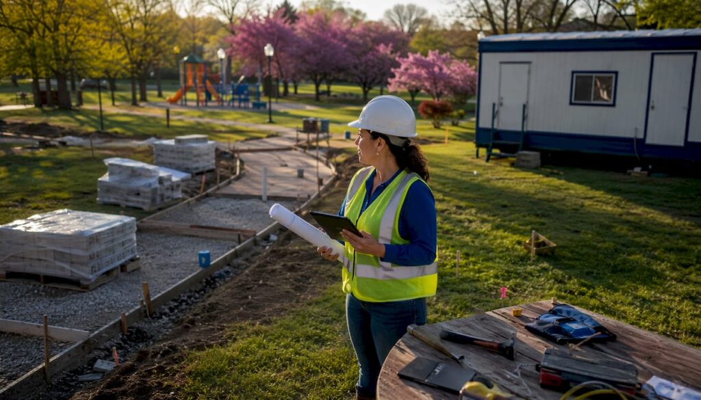 Female contractor reviewing plans at outdoor project site