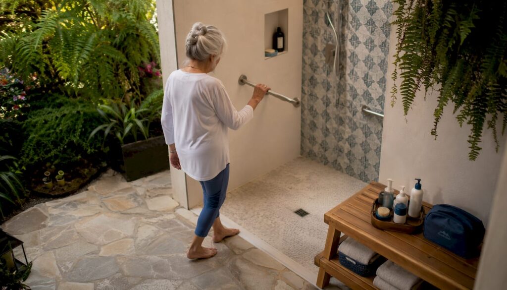 Senior woman entering accessible bathroom safely