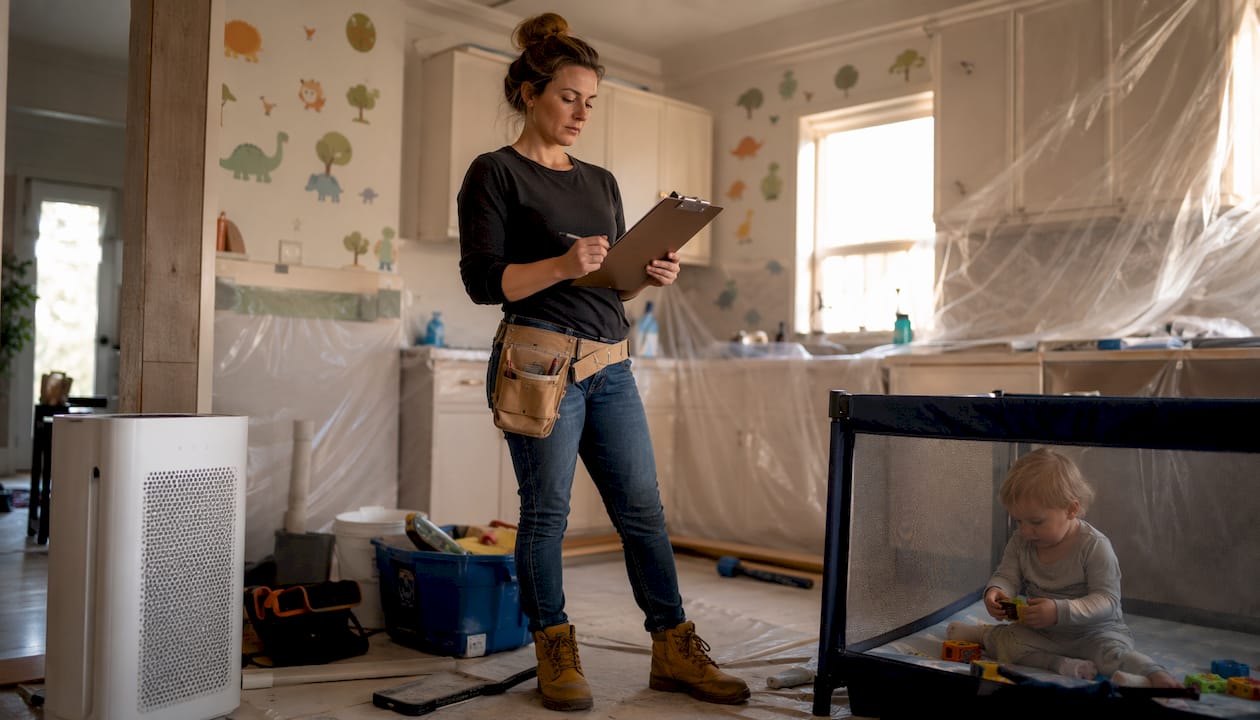Mother planning safe home renovation near toddler playpen