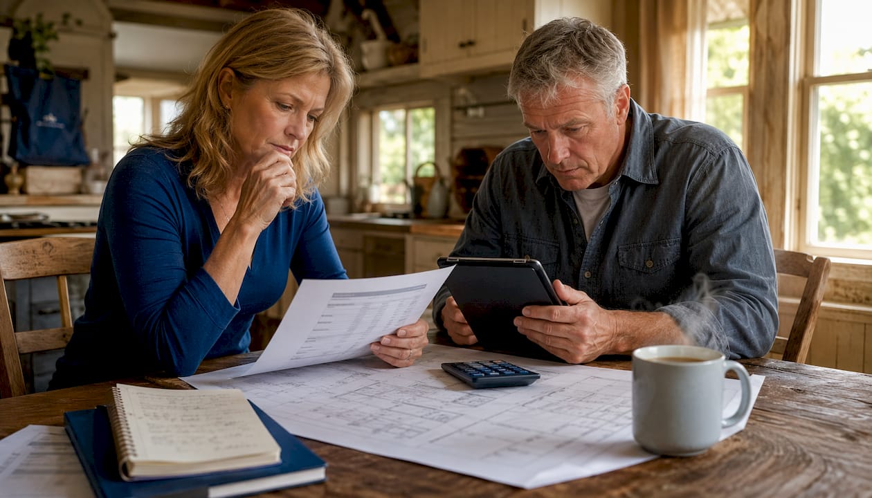 Couple planning family remodel budget at kitchen table