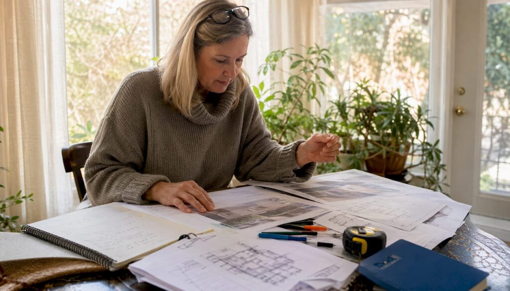 Homeowner reviewing contractor estimates at kitchen table